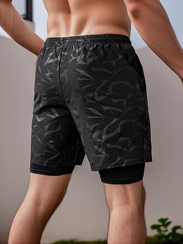 Men's 2 in 1 Print Drawstring Waist Sports Shorts, Regular Fit Casual Pocket Joggers for Summer, Men's Sport & Outdoor Clothing for Indoor Outdoor Wear, Fall Outfits, Fallfreshness, Shorts for Men, Gym Clothing