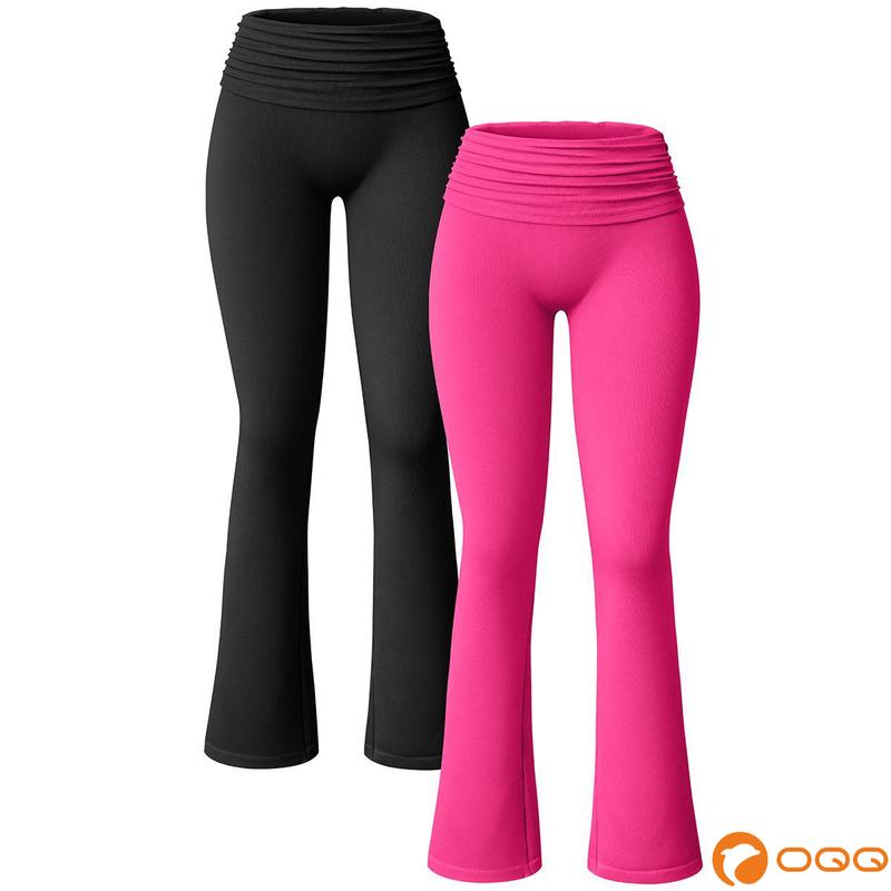 OQQ Women's 2 Piece Yoga Leggings - High Waist Pleated Ribbed Seamless Tracksuit Pants - Fabric, Spandex