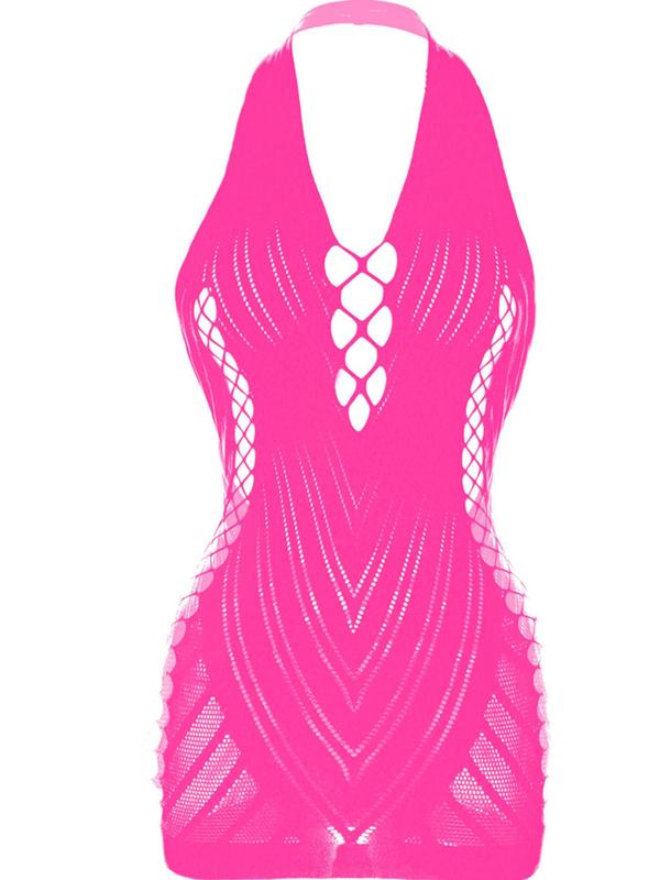 Women's Solid Color Backless Hollow Out Fishnet Cover Up Dress, Casual Sleeveless Halter Neck Cover Up for Summer, Ladies Swimwear for Beach Holiday Vacation