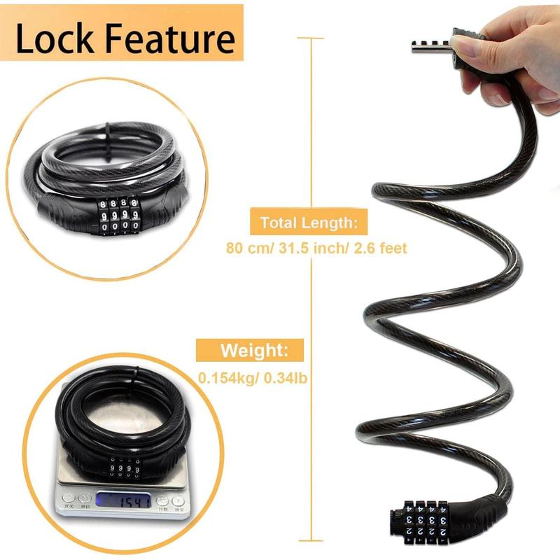 Combination Bike Cable Lock - 4 Digit, 32 inch Long Coiled Security Resettable Cable Lock, Anti-Theft Accessories for Mountain Bike, Road Bike, Electric Bicycle, Scooter