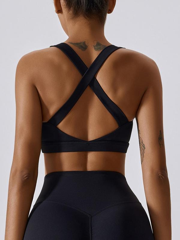 Women's Solid Criss Cross Backless Sports Crop Tank Top, Running Vest, Gym Vest, Sporty High Stretch Quick Drying Vest, Running Vest, Summer Yoga Gym Clothing for Women, Sportswear Workout Tops