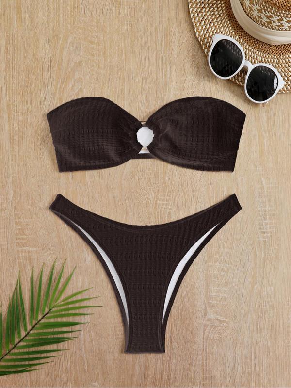 Women's Textured Cut Out Ring Linked Swim Bandeau Top & High Cut Swim Bottom Frankies Bikini Set, Back To School Bikini Sets, Solid Color Swimwear Set, Women's Swimwear for Summer Beach Vacation, Comfort Womenswear for Lady