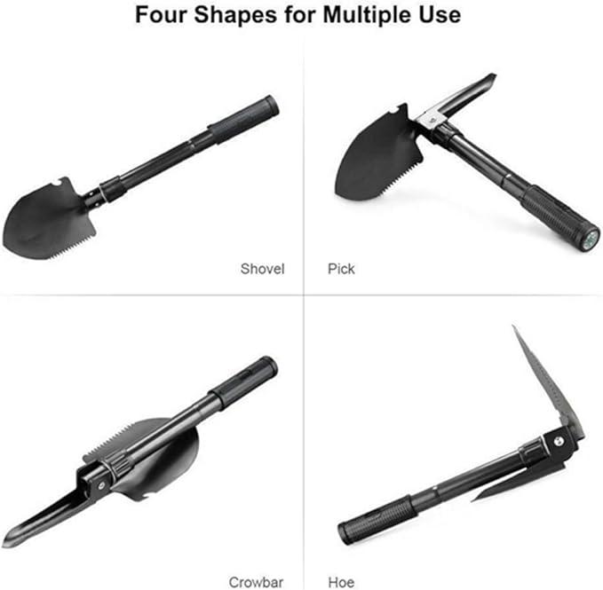 Mini Foldable Military Folding Shovel 7-in-1 Multi-Function Garden Outdoor Tool with Hoe, Compass, Saw, Bottle Opener, Pickaxe for Gardening, Survival, Hiking, Ice Fishing-Color May Vary