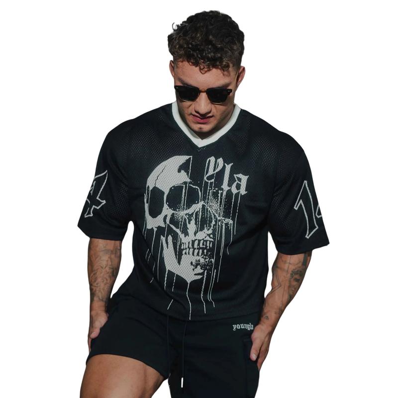 YOUNGLA Men's Oversized T-Shirt with Large Mesh Print for Sports and Fitness in All Seasons - Casual yet Athletic - Breathable