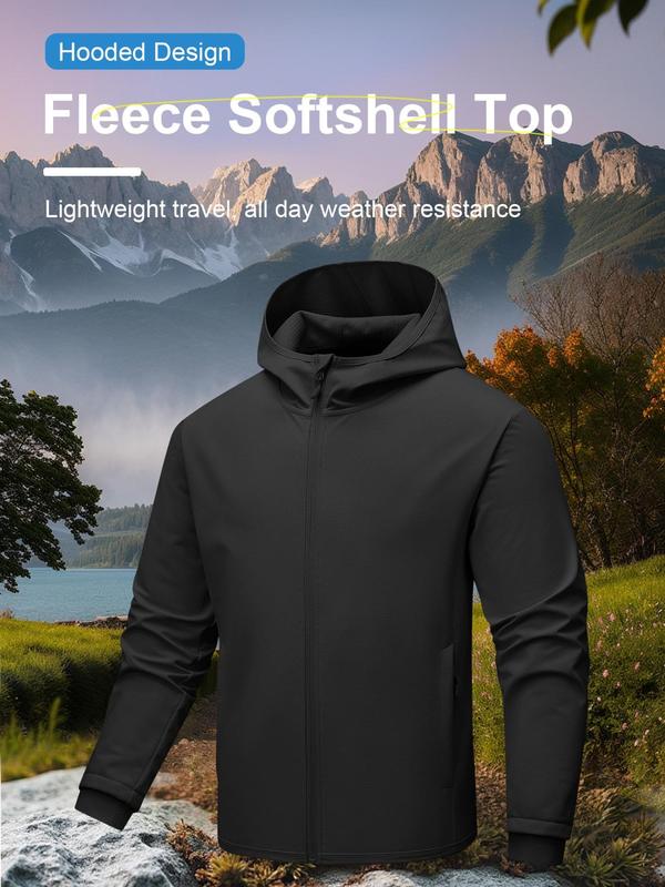 Men's Solid Zip Up Pocket Hooded Sports Coat, Regular Fit Sporty Long Sleeve Windproof Hooded Outerwear for Fall, Men's Sportswear for Outdoor Activities