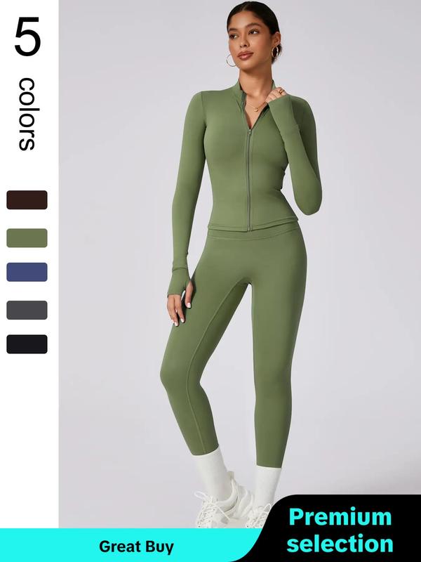 Two-piece Set Women's Solid Zip Up Mock Neck Jacket & High Waist Leggings Tracksuit, Sporty Long Sleeve Top & Skinny Bottoms for Yoga Gym Workout, Ladies Sportswear for All Seasons, Minimalistic Outfit Fall Outfits