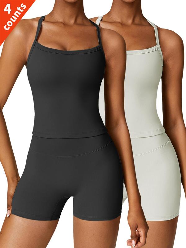 Women's Solid Cut Out Backless Crop Cami Top & High Waist Shorts Tracksuit Set, Sporty Breathable Quick Drying Outfits for Yoga Gym Workout Running, Gym Sets for Women, Gym Clothes, Ladies Sportswear, Minimalistic Outfit Fall Outfits