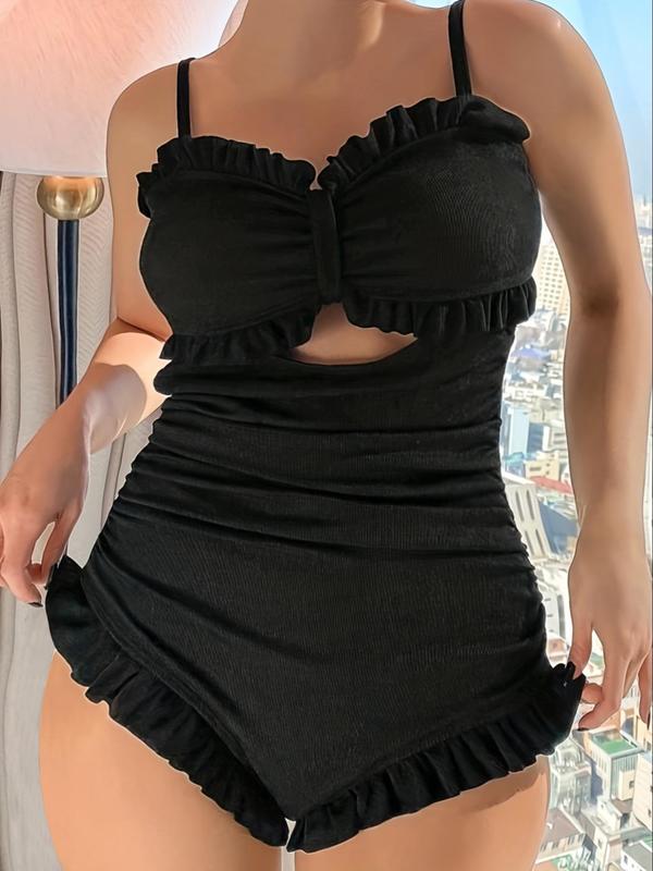 Plus Size Solid Cut Out Ruched Ruffle One-piece Swimsuit, Casual Backless Tie Back Swimwear for Summer, Women's Swimsuit for Beach Holiday Vacation