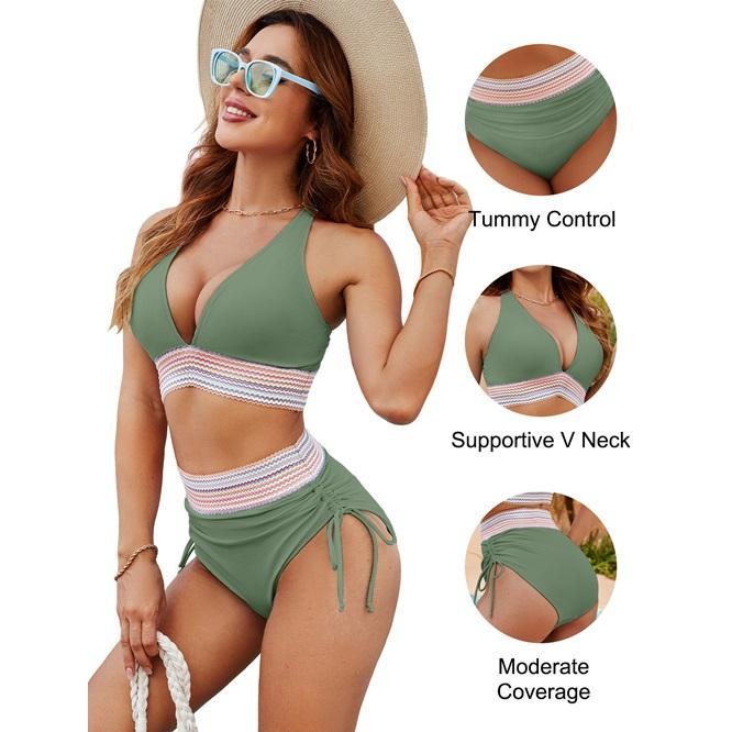 Blooming Jelly Women High Waisted Bikini Sets Tummy Control Swimsuits Color Block Two Piece Drawstring Bathing Suit