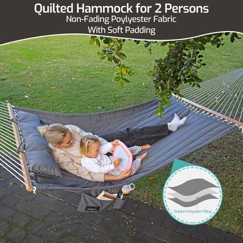 Double Quilted Fabric Hammock with Hardwood Spreader Bars and Pillow 450 LBS Capacity 2 Person Hammock Large Hammock for Outdoor Patio Backyard Poolside - Green