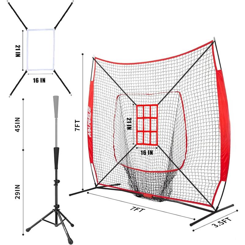 7'X7' Baseball Softball Practice Net,Pitching Net,Batting Net,with Baseball Tee,Bonus Strike Zone and Bow Frame,for Hitting,Pitching, Catching