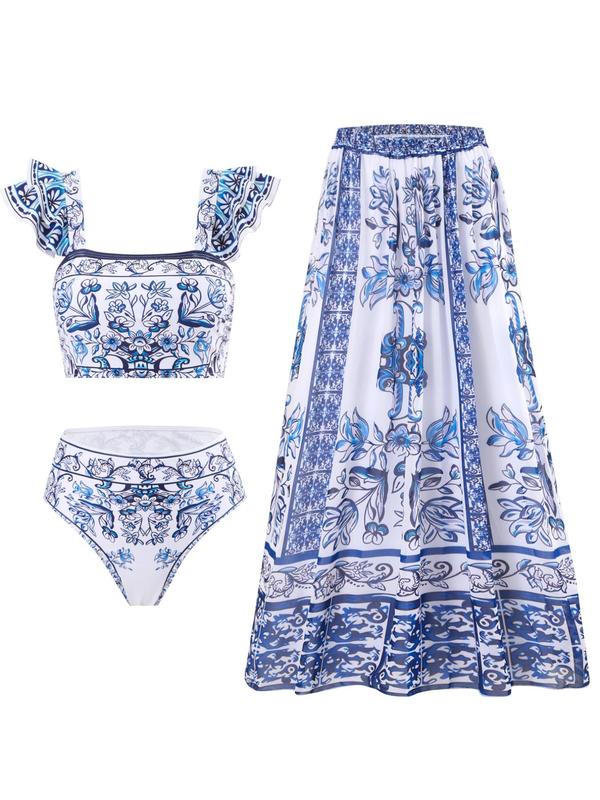 Three-Piece Set Women's Floral Print Swimsuit Set, Boho Fashion Layered Ruffle Trim Swim Top & Swim Panty & Cover Up Skirt Set, Three-piece Swimwear for Beach Holiday Vacation