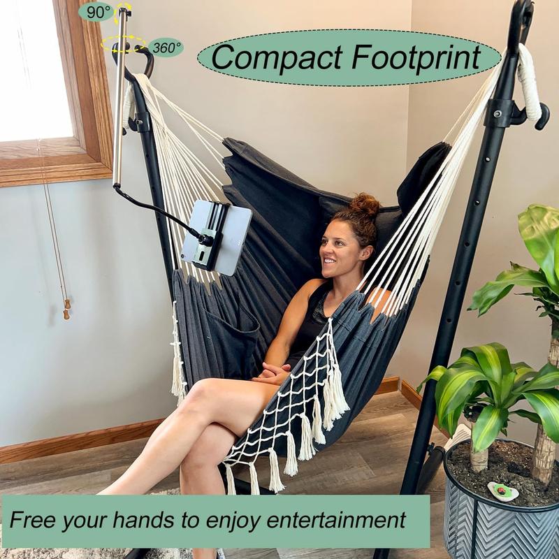 Hammock with Stand Included Heavy Duty Double Swing Chair Outdoor Indoor w. Pillow & Cellphone Tablet Holder Macrame Handmade Adjustable Portable Confortable Patio Yard Porch Chair 400lbs Capacity