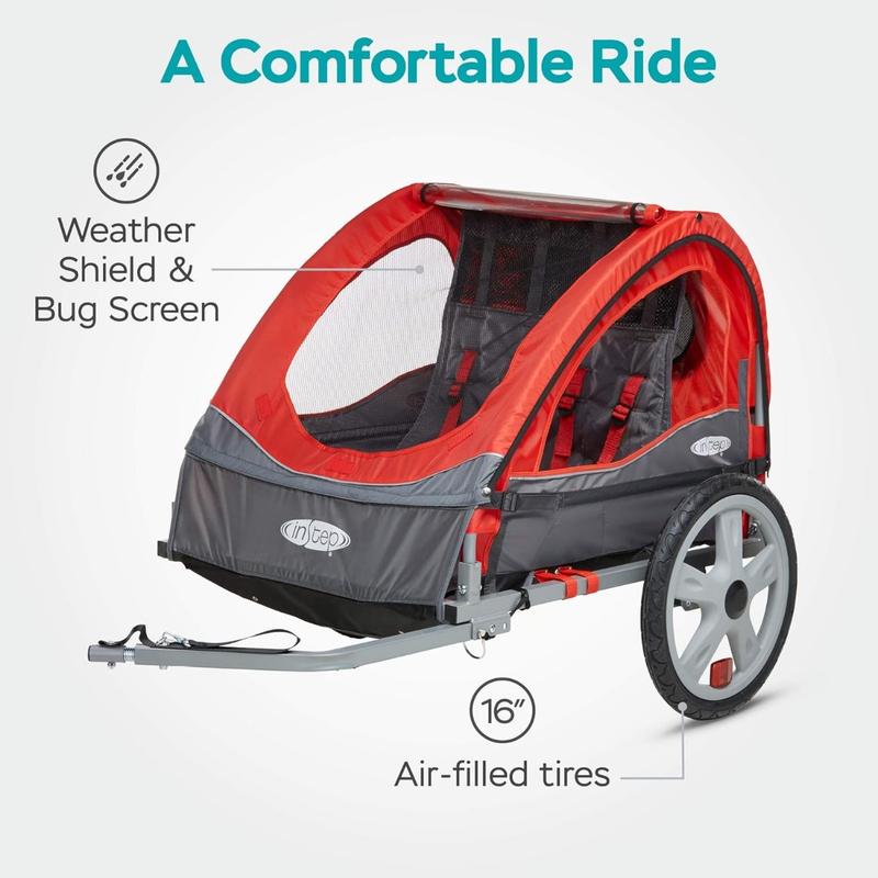 Sync and Take 2 Bike Trailer, Single and Double Seat Options, 5-Point Harness, Folding Frame, Quick Release Wheels, Easy Storage, With Bug Screen & Weather Shield, Bike Attachment