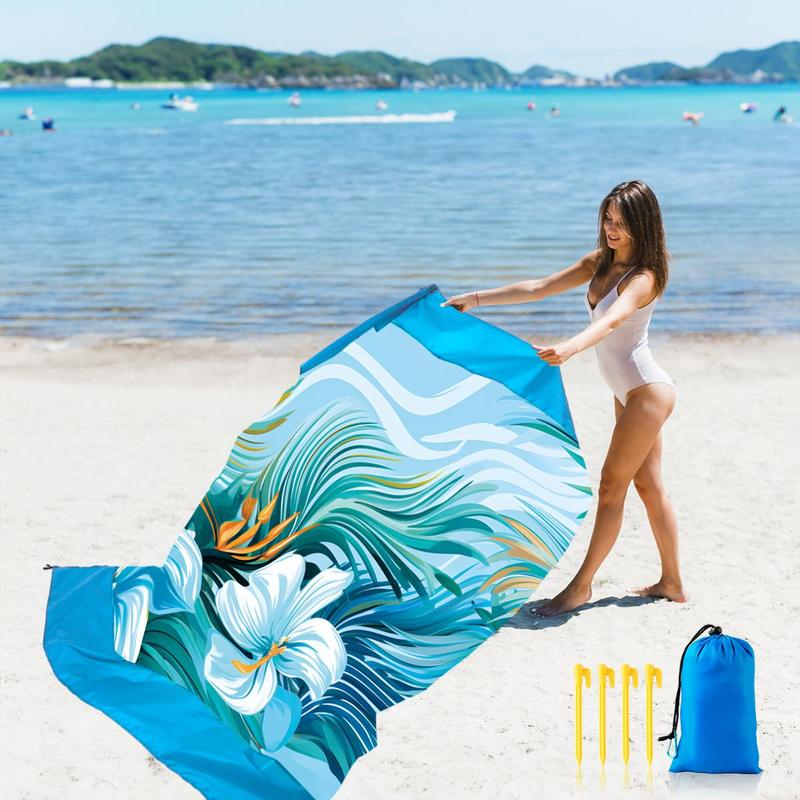 Coconut Flower Pattern Beach Mat, Quick-drying Beach Mat with 1 Storage Bag & 4 Stakes, Foldable Picnic Mat for Outdoor Camping & Hiking