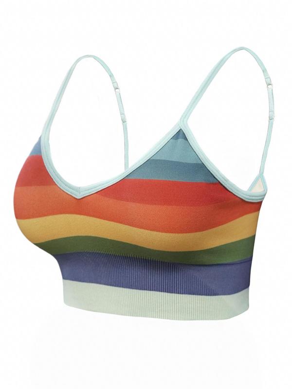 LGBTQ+ Women's Rainbow Stripe Print Wireless Sports Bra, Adjustable Strap Crop Cami Top, Breathable Comfortable Sports Bra, Summer Clothing