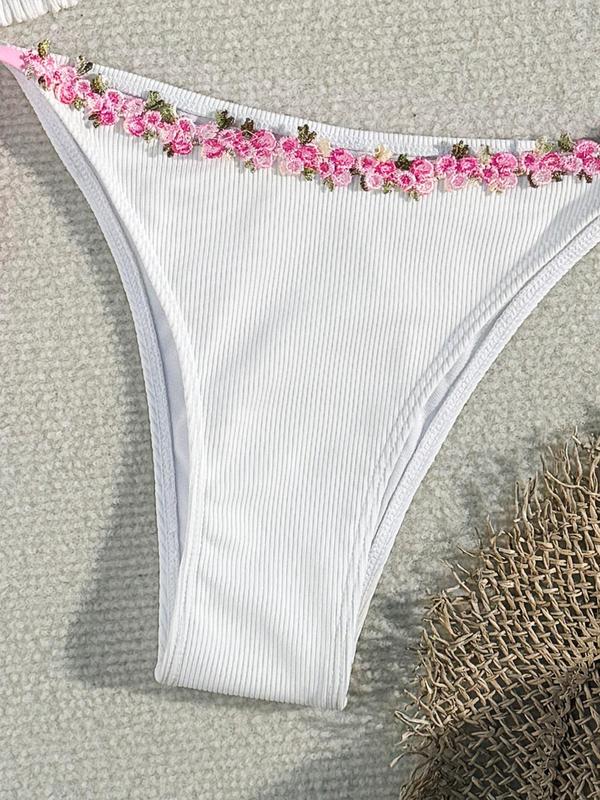 Women's Floral Embroidery Bikini Set, Boho Fashion Tie Back Halter Triangle Swim Bra & Tie Side Swim Bottom, Ladies Summer Swimwear for Beach Holiday Vacation