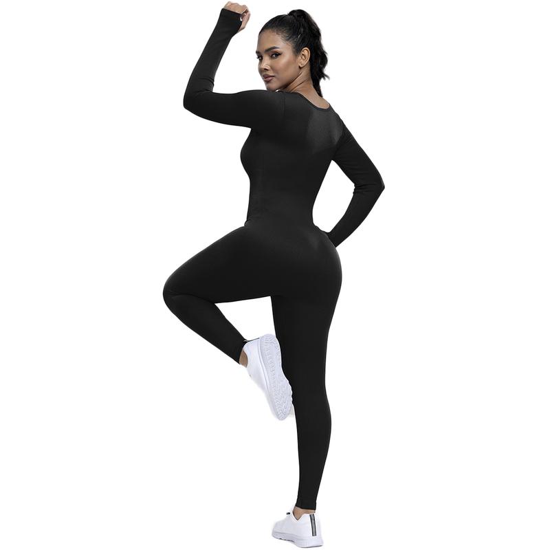 Women's Ribbed Jumpsuit Yoga Suit With Abdominal Control, Long Sleeved One-piece Casual Yoga Jumpsuit, High Waisted One-piece Fitness Bodysuit