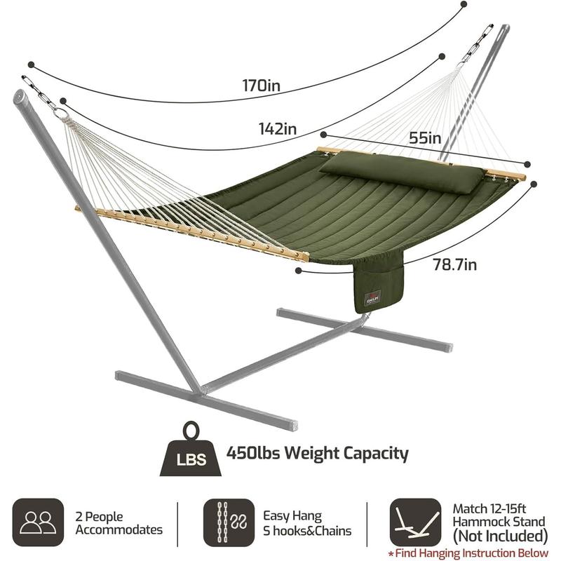 Double Quilted Fabric Hammock with Hardwood Spreader Bars and Pillow 450 LBS Capacity 2 Person Hammock Large Hammock for Outdoor Patio Backyard Poolside - Green