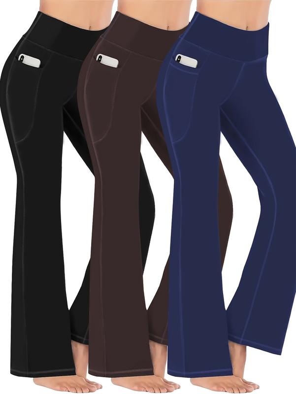 3 Pack Women's Sports Pants Set, Plus Size Seam Detail High Rise Flared Leg Yoga Trousers With Phone Pockets 3pcs Set