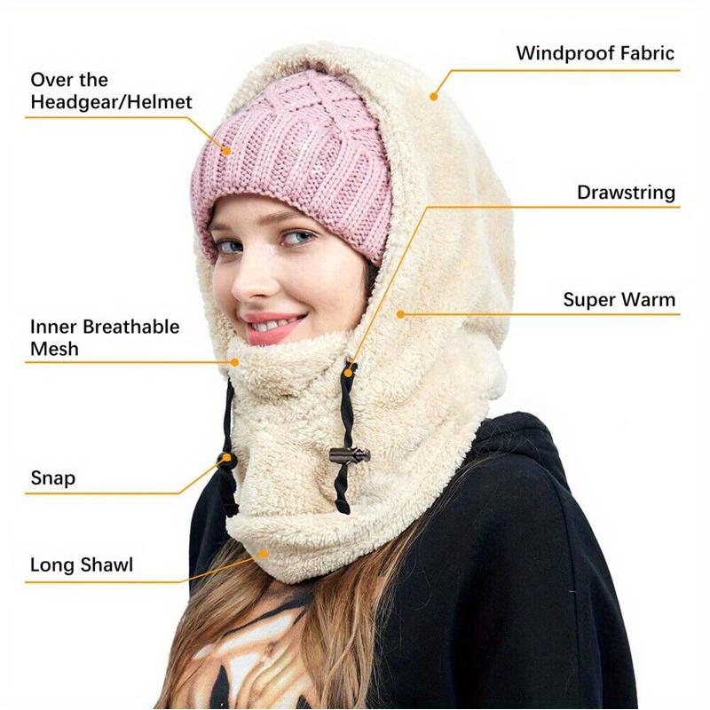 2-piece snow ski hat with hood, windproof and warm, winter full face mask, hat and scarf integrated design