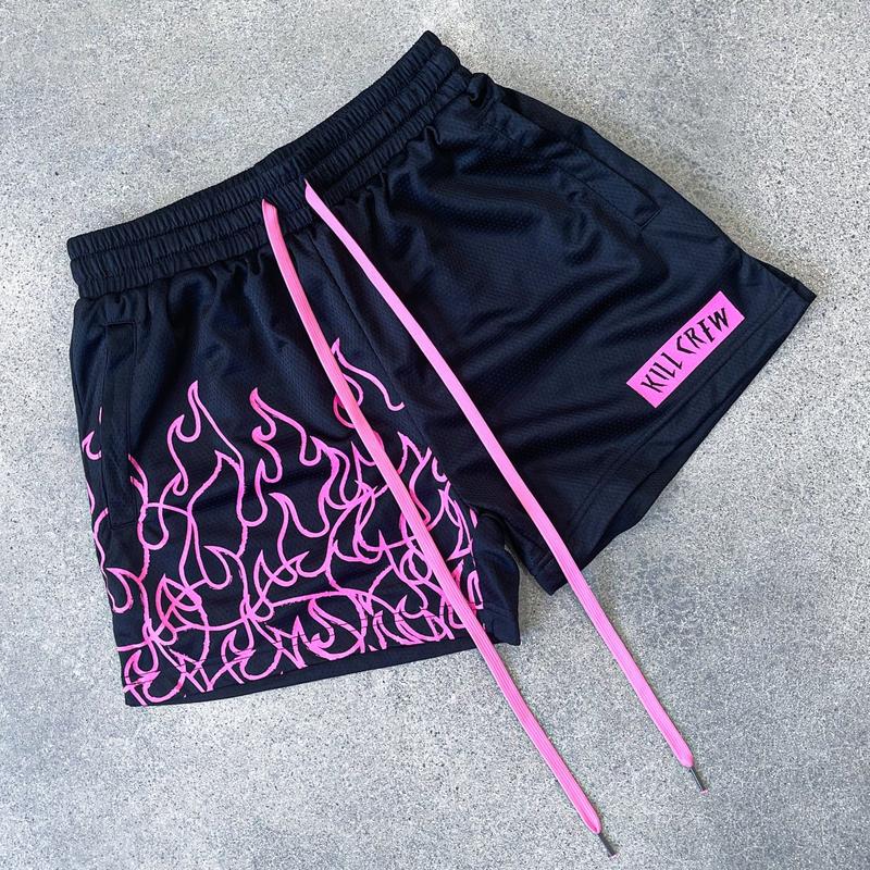 [Kill Crew] Muay Thai Shorts Flame - Black   Pink, Unisex, Mid Thigh Cut, Pockets, Gym Shorts, Elastic Waistband, Long drawcord with wax tips