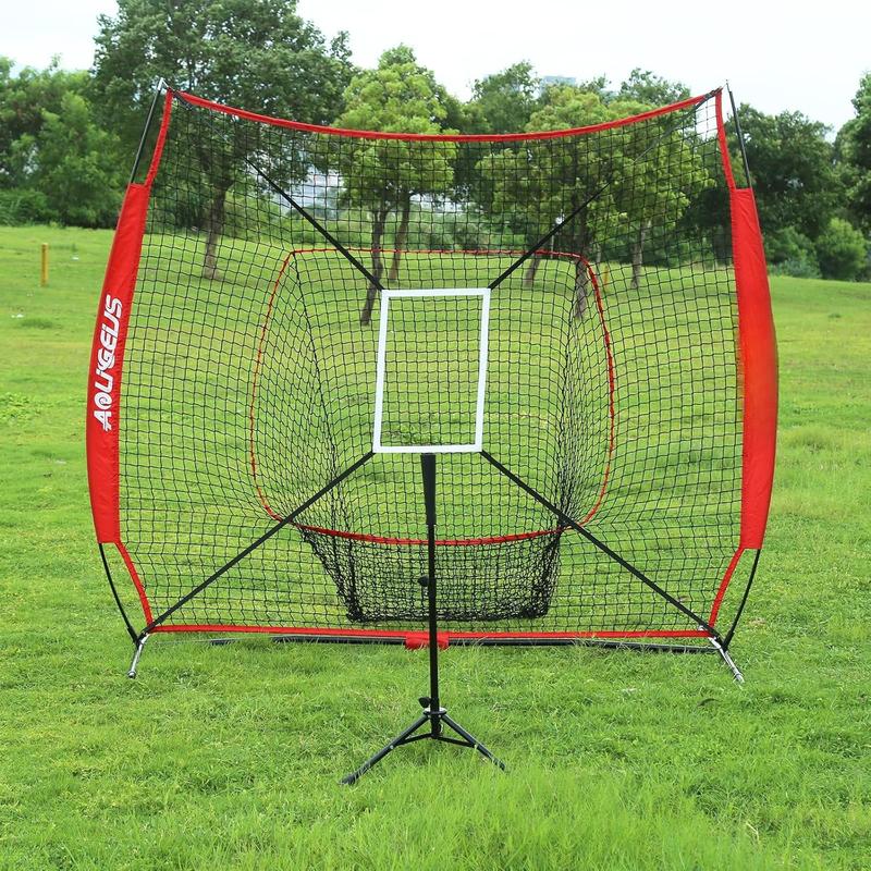 7'X7' Baseball Softball Practice Net,Pitching Net,Batting Net,with Baseball Tee,Bonus Strike Zone and Bow Frame,for Hitting,Pitching, Catching