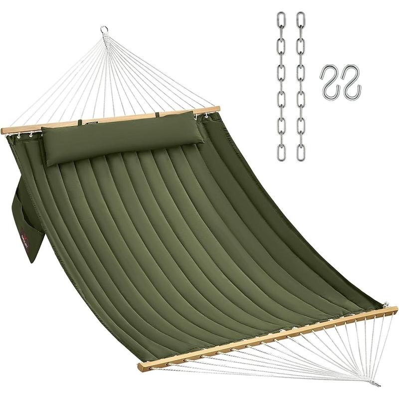 Double Quilted Fabric Hammock with Hardwood Spreader Bars and Pillow 450 LBS Capacity 2 Person Hammock Large Hammock for Outdoor Patio Backyard Poolside - Green