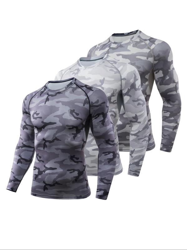 Men's All Over Camo Print Round Neck Sports Tee, Quick Drying Breathable Long Sleeve T-shirt for Outdoor Gym Running,  Workout Tops, Men's Sportswear for Spring & Fall