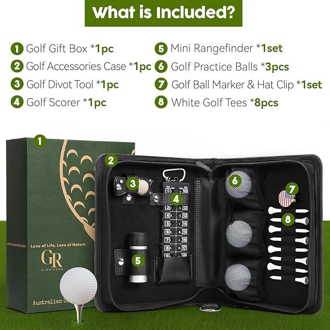 GLORIEROO Golf Fathers Day Dad Gifts for Men from Daughter Son Wife - Golf Accessories Set includes Golf Balls, Golf Tees, Golf Divot Tool, Rangefinder, Golf Scorer, Ball Marker & Hat Clip in Hi-End Case Glow-in-the-Dark Golf Ball Set golf  balls