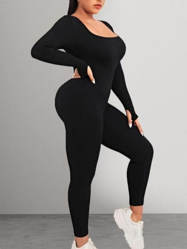 Plus Size Solid Square Neck Sports Jumpsuit, Casual Sporty Long Sleeve Jumpsuit for Yoga Gym Workout, Women's Plus Sport & Outdoor Clothing for All Seasons