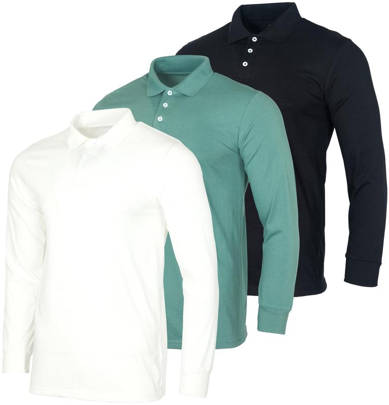 Real Essentials 3 Pack Men's Cotton Jersey Long-Sleeve Polo Shirt - Casual Workwear Office (Available in Big & Tall)