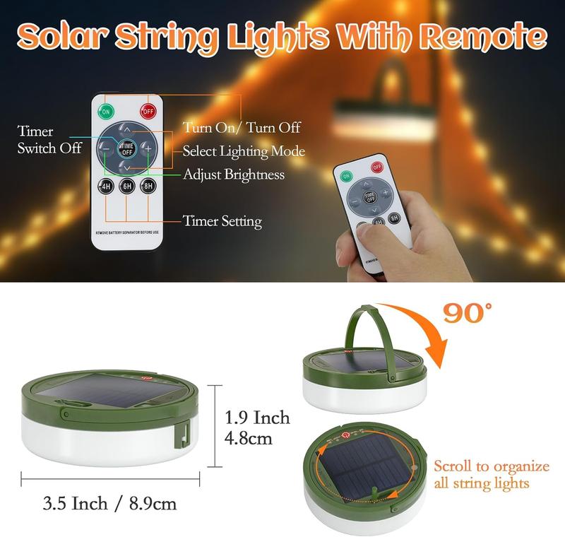 NEW Solar Camping String Light, 32.8ft Multi-color LEDs Fairy String Light for Camping, 8 Lighting Modes, 3600mAh Solar Powered and USB Rechargeable Portable Camping Light for Yard Hiking Tent Decor, Christmas Gift