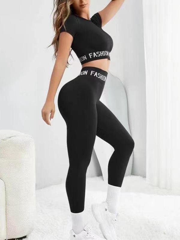 Two-Piece Set Women's Letter Print Crop Tee & High Waist Ruched Sports Leggings, Jogging Suit Set, Sporty Round Neck Short Sleeve T-Shirt & Skinny Pants for Gym Workout Running, Ladies Sportswear for All Seasons