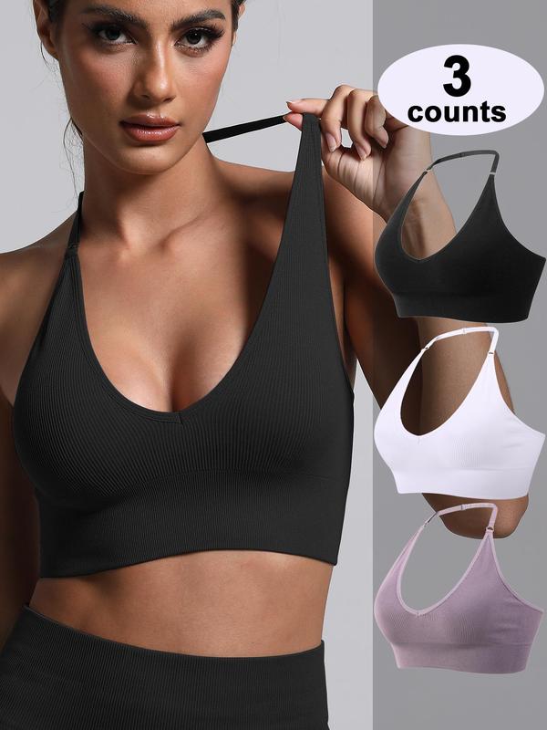 Women's Solid Halter Neck Sports Bra, Breathable Comfortable Detachable Chest Pad Wireless Sports Bra, Ladies Sportswear for Indoor Outdoor Wear