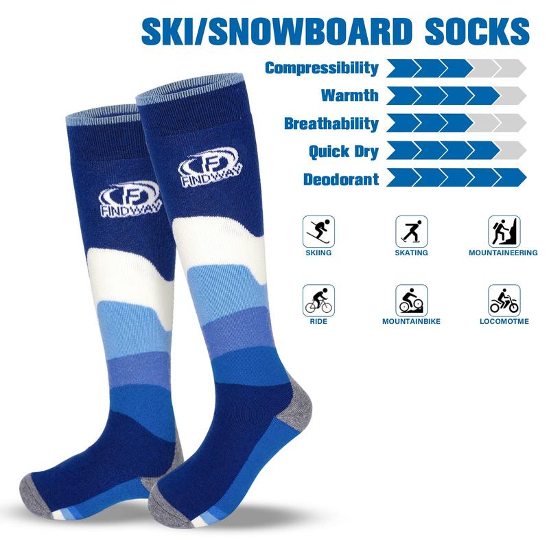 Findway Ski Socks, 2 Pairs Snowboarding and Skiing Socks, OTC Non-Slip Cuff Winter Thermal Warm Socks for Men & Women