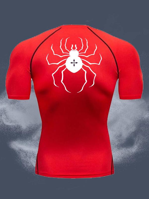 Men's Spider Print Round Neck Sports Tee, Tight Sporty Breathable Comfortable Short Sleeve T-shirt for Gym Workout, Men's Sportswear for All Seasons