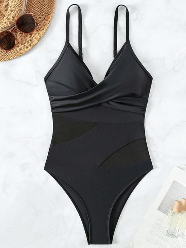 Women's Contrast Mesh Sheer Adjustable Strap One-piece Swimsuit, Solid Color Swimwear for Beach Holiday Vacation, Ladies Swimsuit for All Seasons