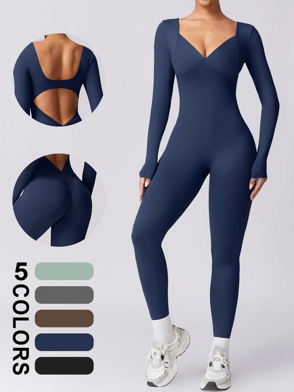 TIMEOFF Women's V Neck Long Sleeve Unitard Jumpsuit Skinny Pants One Piece Workout Jumpsuits Ribbed Long Sleeve Bodycon Yoga Rompers