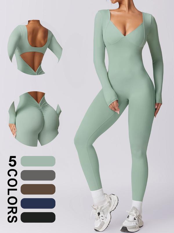 TIMEOFF Women's V Neck Long Sleeve Unitard Jumpsuit Skinny Pants One Piece Workout Jumpsuits Ribbed Long Sleeve Bodycon Yoga Rompers