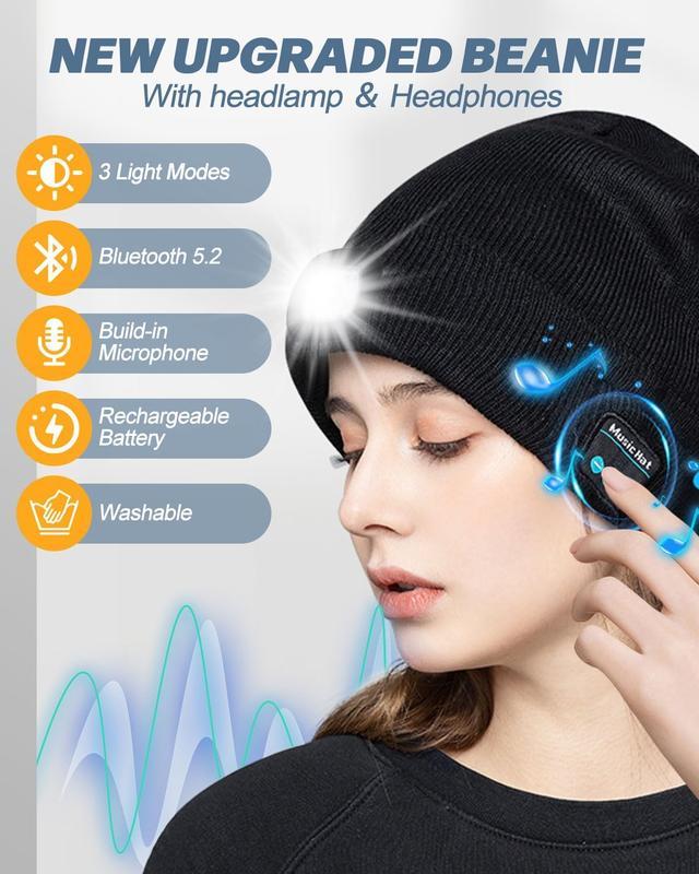 LED Bluetooth Beanie, 6 LED Beanie MusicHat, LED Headlight Headphones, Knit WarmWinter Hat for Nighttime Sport, Outdoor, UnisexChristmas Gift