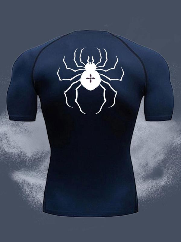 Men's Spider Print Round Neck Sports Tee, Tight Sporty Breathable Comfortable Short Sleeve T-shirt for Gym Workout, Men's Sportswear for All Seasons