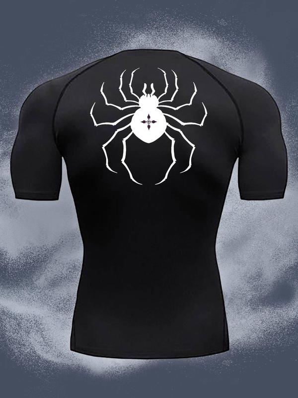 Men's Spider Print Round Neck Sports Tee, Tight Sporty Breathable Comfortable Short Sleeve T-shirt for Gym Workout, Men's Sportswear for All Seasons