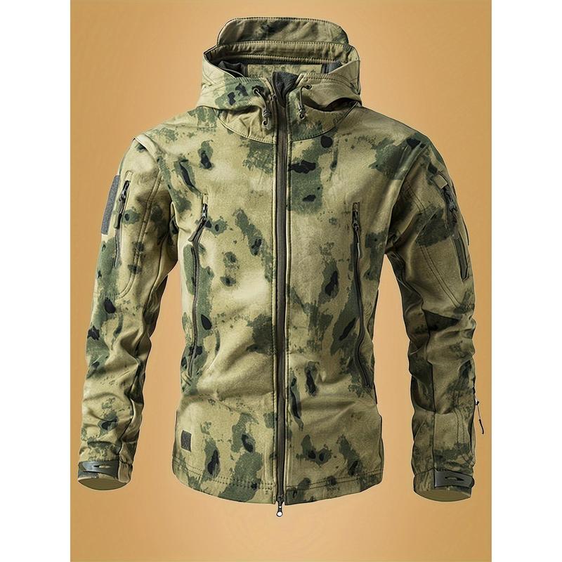 Men's Camouflage Printed Soft Shell Jacket, Multi-Pocket Hooded Jacket, Waterproof and Windproof Outdoor Jacket, Suitable for Hiking and Camping