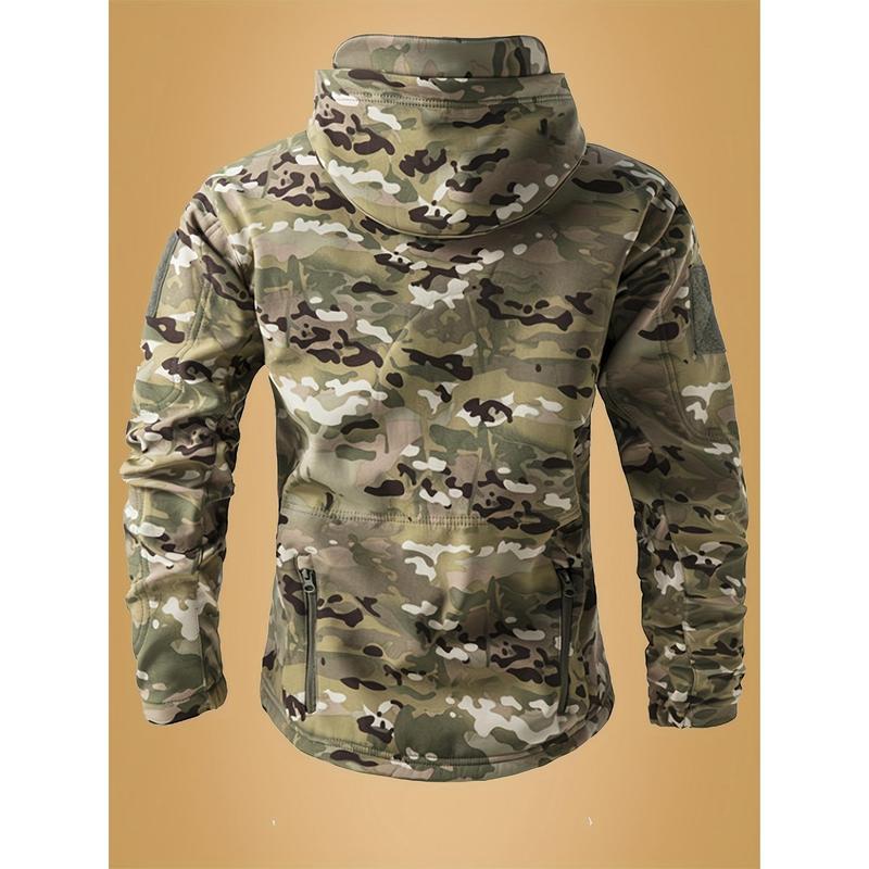 Men's Camouflage Printed Soft Shell Jacket, Multi-Pocket Hooded Jacket, Waterproof and Windproof Outdoor Jacket, Suitable for Hiking and Camping