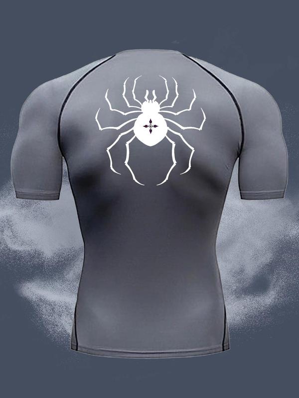 Men's Spider Print Round Neck Sports Tee, Tight Sporty Breathable Comfortable Short Sleeve T-shirt for Gym Workout, Men's Sportswear for All Seasons