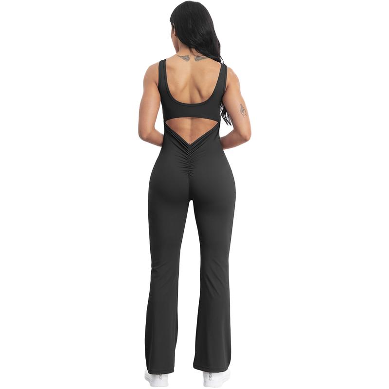 Womens Solid Color Sleeveless Flare Workout Jumpsuits Sexy Backless Tank Tops Bodycon Scrunch Butt Yoga Rompers Seamless Fitness Jumpsuit tracksuit backless Slim-fitting pull on