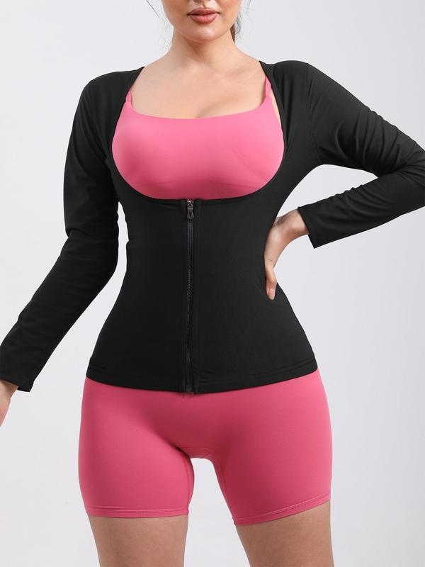 Women's Solid Long Sleeve Zip Up Sauna Top, Open Bust Tummy Control Training Sports Shaperwear Top, Compression Top, Training Tops for Fall, Workout Gym Exercise Clothing for Women