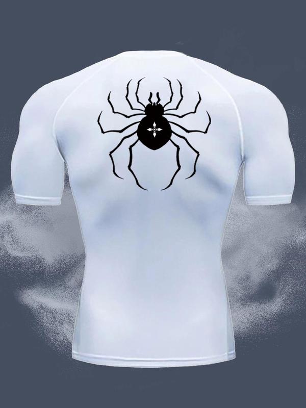 Men's Spider Print Round Neck Sports Tee, Tight Sporty Breathable Comfortable Short Sleeve T-shirt for Gym Workout, Men's Sportswear for All Seasons