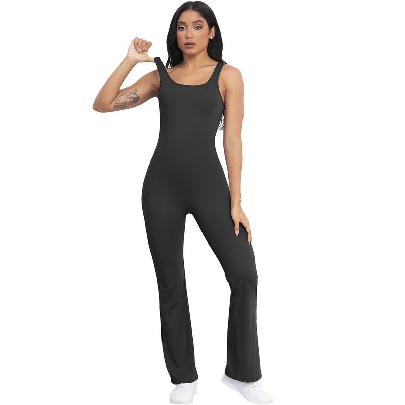 Womens Solid Color Sleeveless Flare Workout Jumpsuits Sexy Backless Tank Tops Bodycon Scrunch Butt Yoga Rompers Seamless Fitness Jumpsuit tracksuit backless Slim-fitting pull on